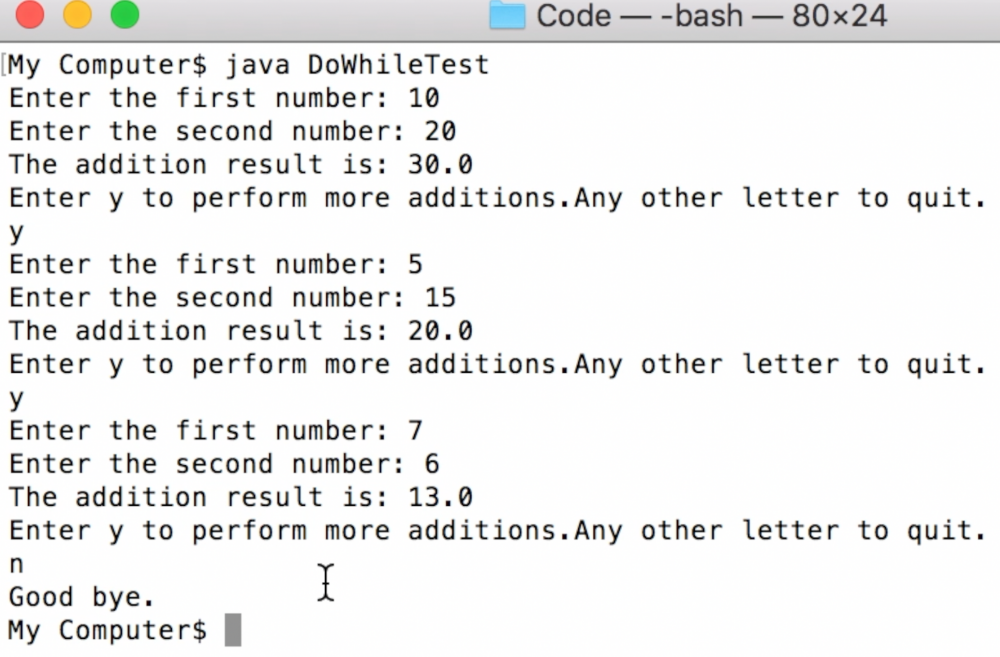 A program output that uses Java do-while loop in the code.