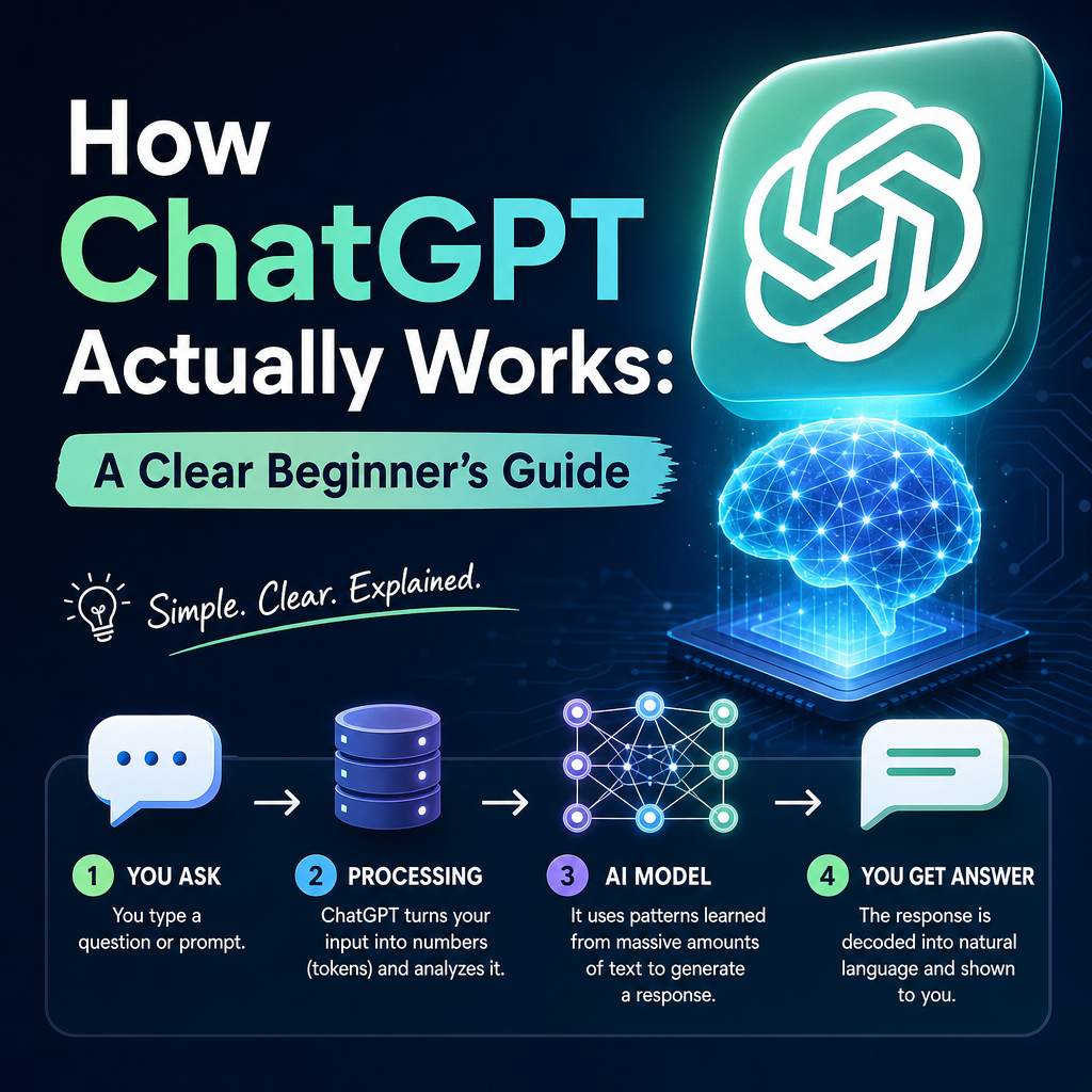 Beginner-friendly diagram showing how ChatGPT works step by step, from training data to token prediction