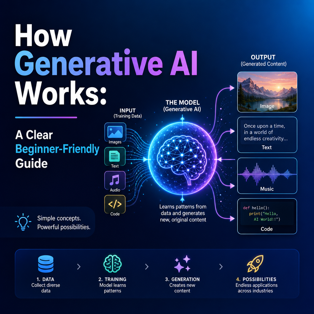 Infographic showing how generative AI works: input data, model training, prompt-based content generation, and outputs