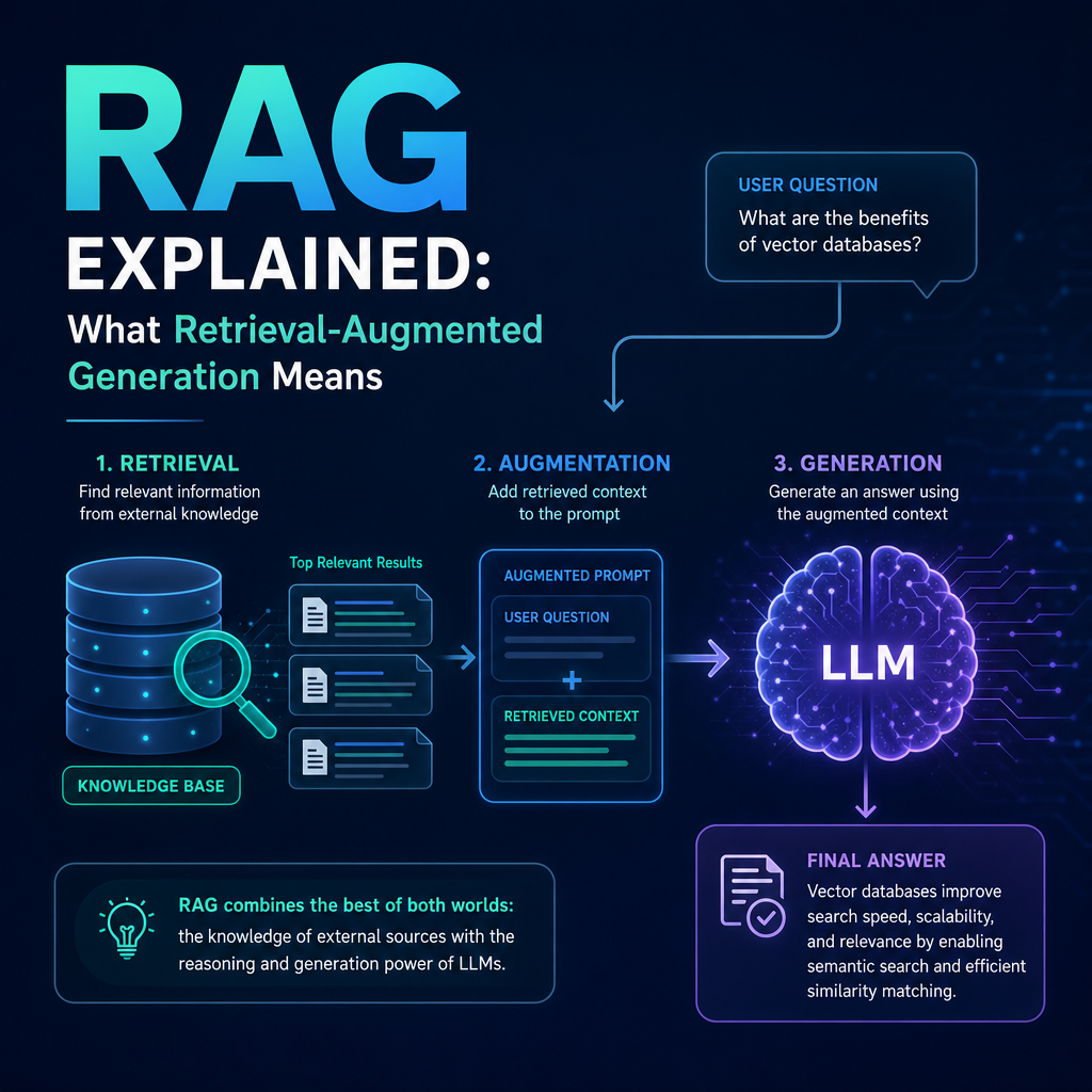 Infographic explaining Retrieval-Augmented Generation (RAG), showing how LLMs use vector databases for accurate answers.